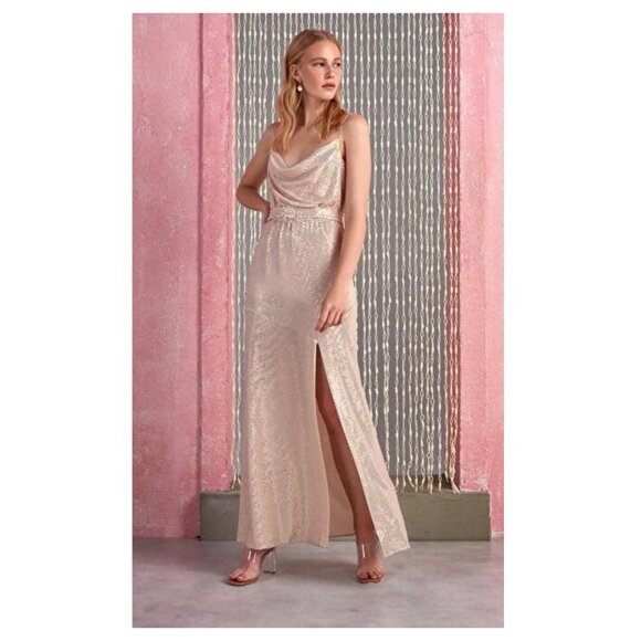 NOCTURNE Limited Edition Elbise 2248 Sequined Flowy Collar Gown Dress - Picture 1 of 9